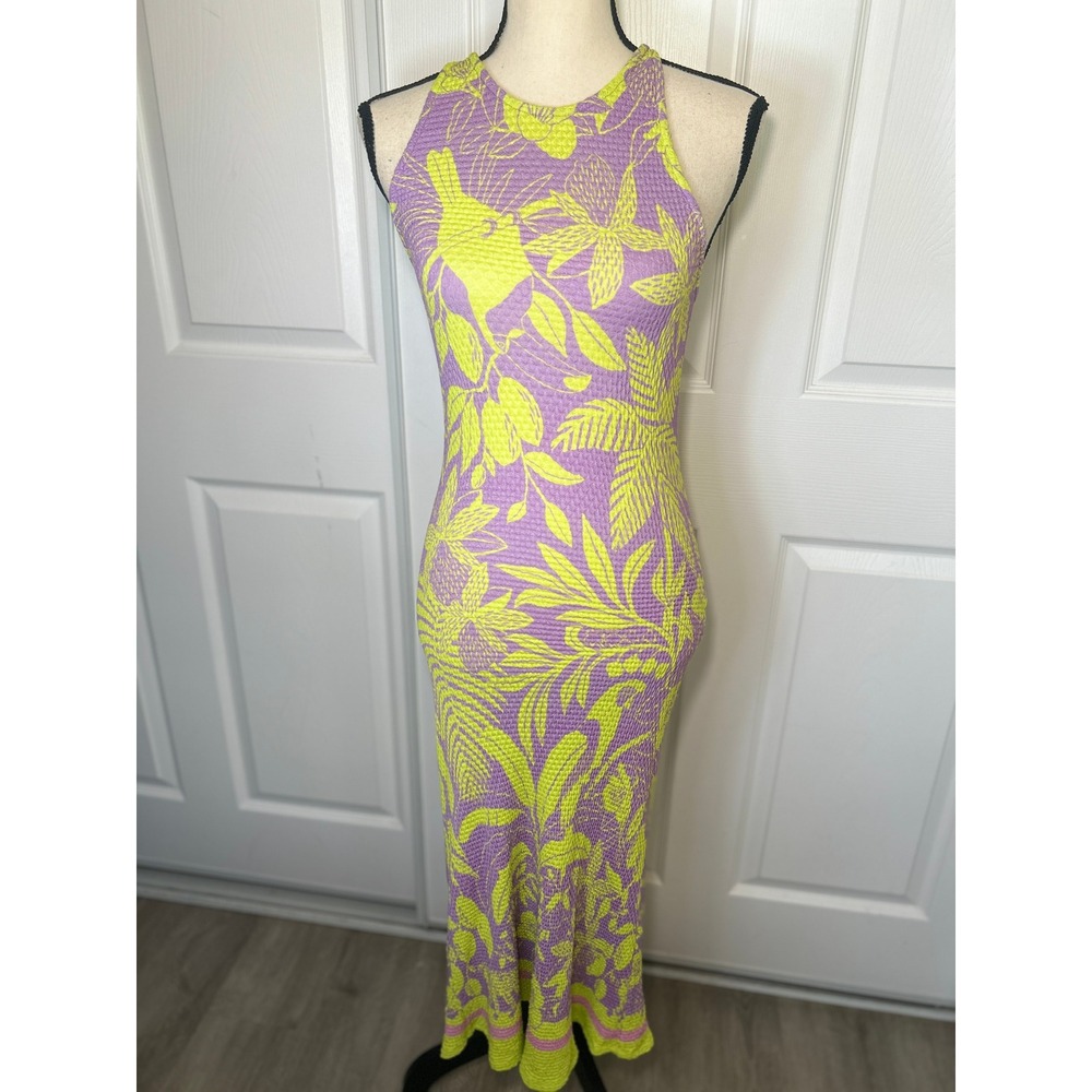 Farm Rio Anthropologie Maxi Dress Tropical Smocked S Purple‎ Lime Green Floral